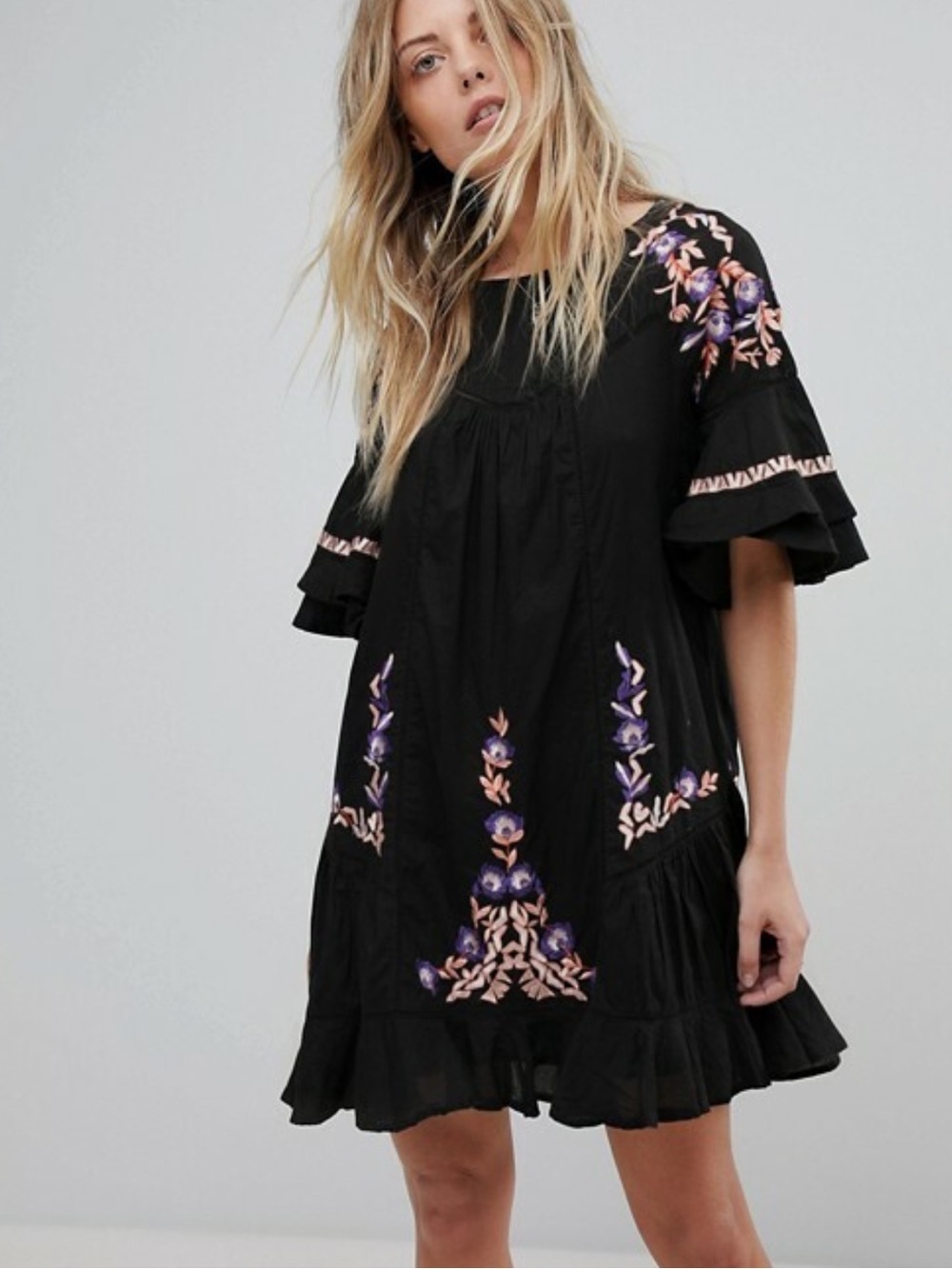 Free People Embroideredt Black Mini Dress XS – Fall Boho Floral Back‑to‑School